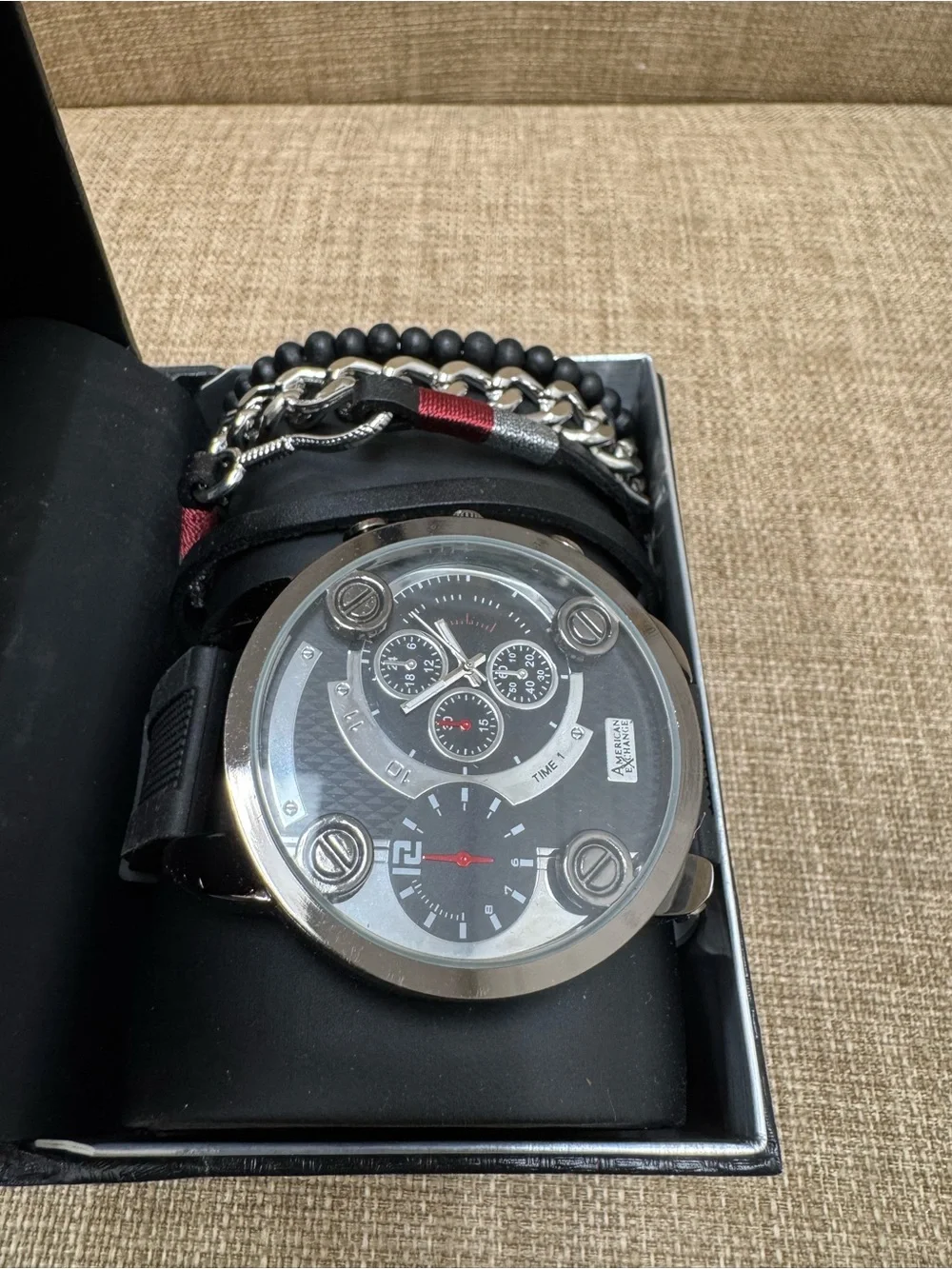 American Exchange Men's 4-Piece Watch & Bracelet Set Metal/Faux Leather Black